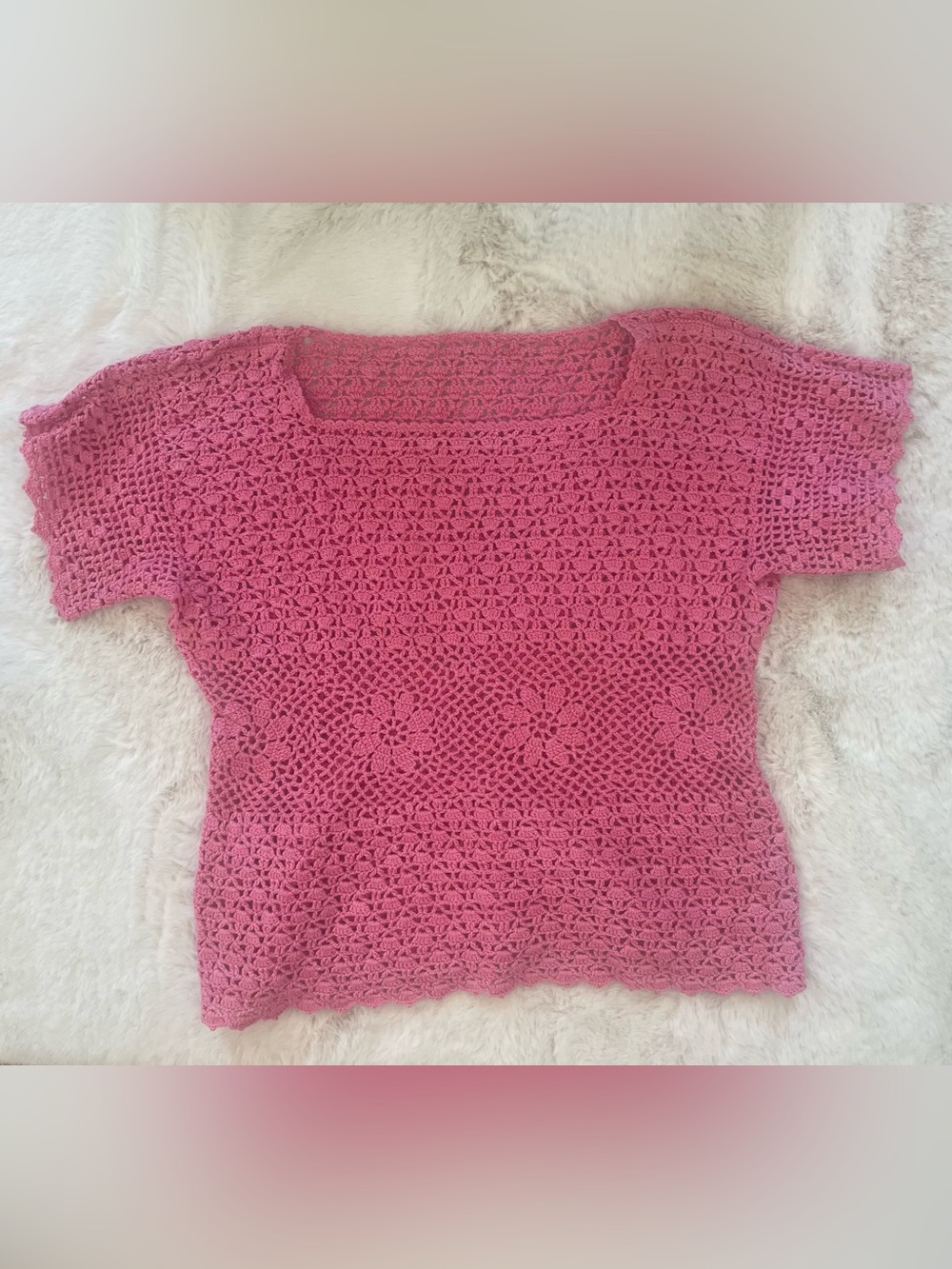 Hand-Crocheted Pink Short-Sleeve Crochet Top